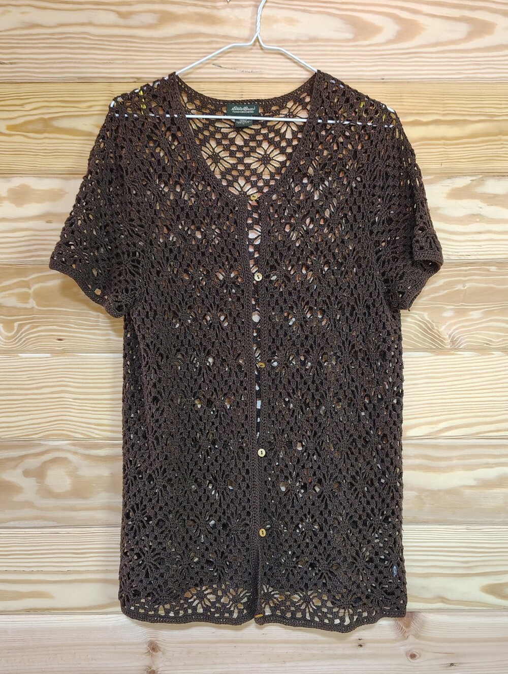 Eddie Bauer Hand Crocheted Cardigan Brown Linen Blend Petite L Open Weave Boho